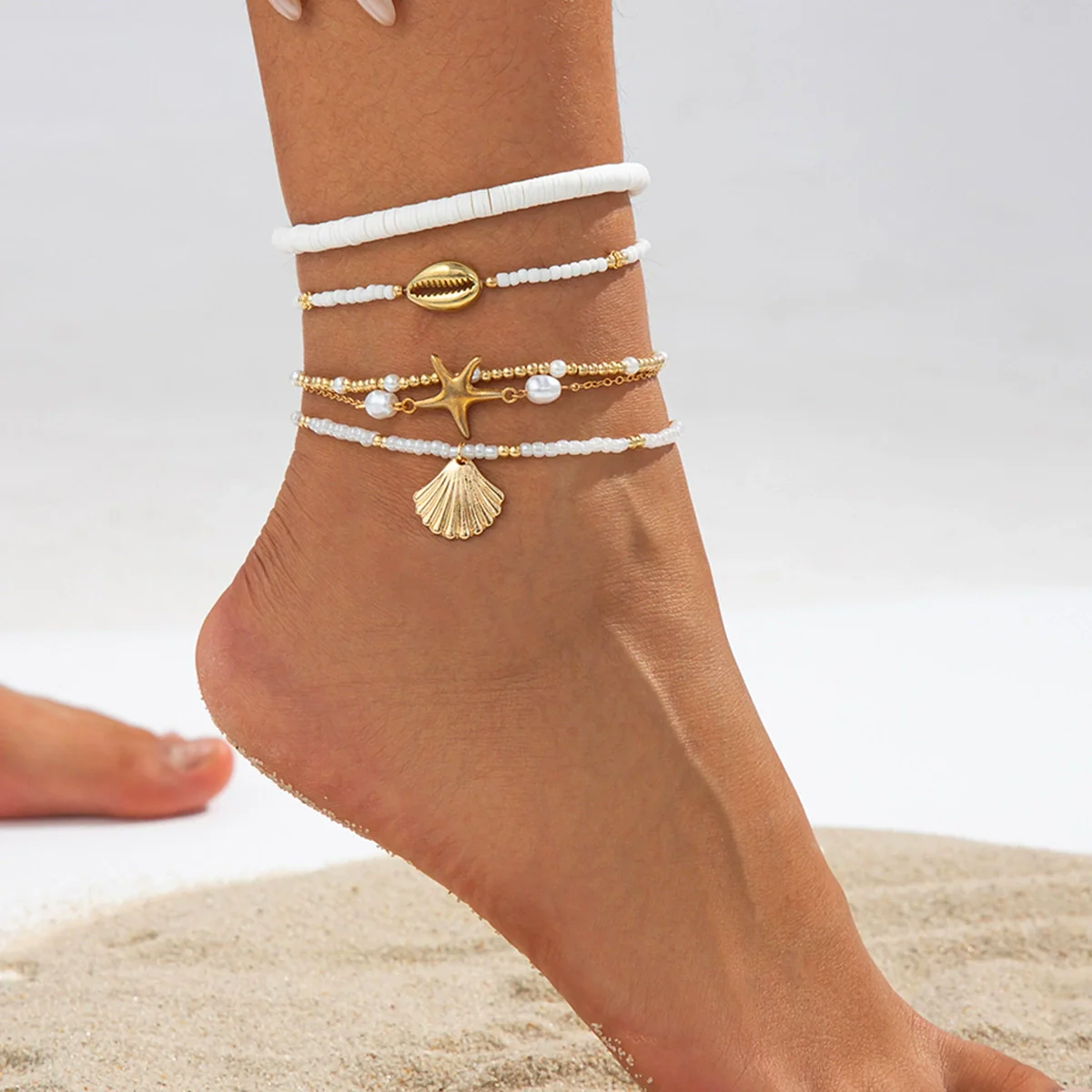 Alloy Starfish Shell Pendant Anklet Set With Imitation Pearl Rice Beads And Soft Clay Women's Fashion Foot Accessories - Image 6