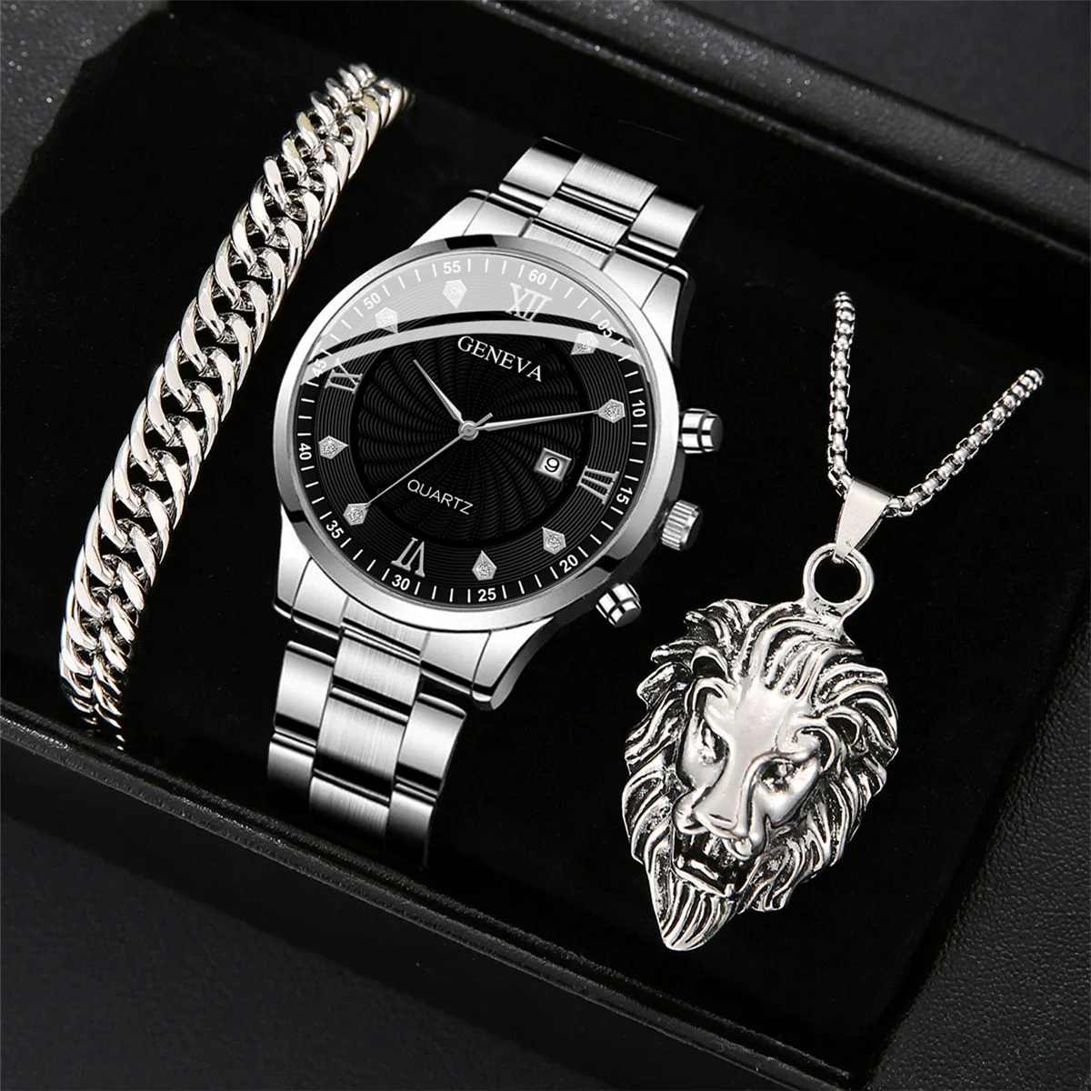 Alloy Steel Rhinestone Inlaid Men's Watch Bracelet Lion Jewelry Set With Horseshoe Buckle - Image 2