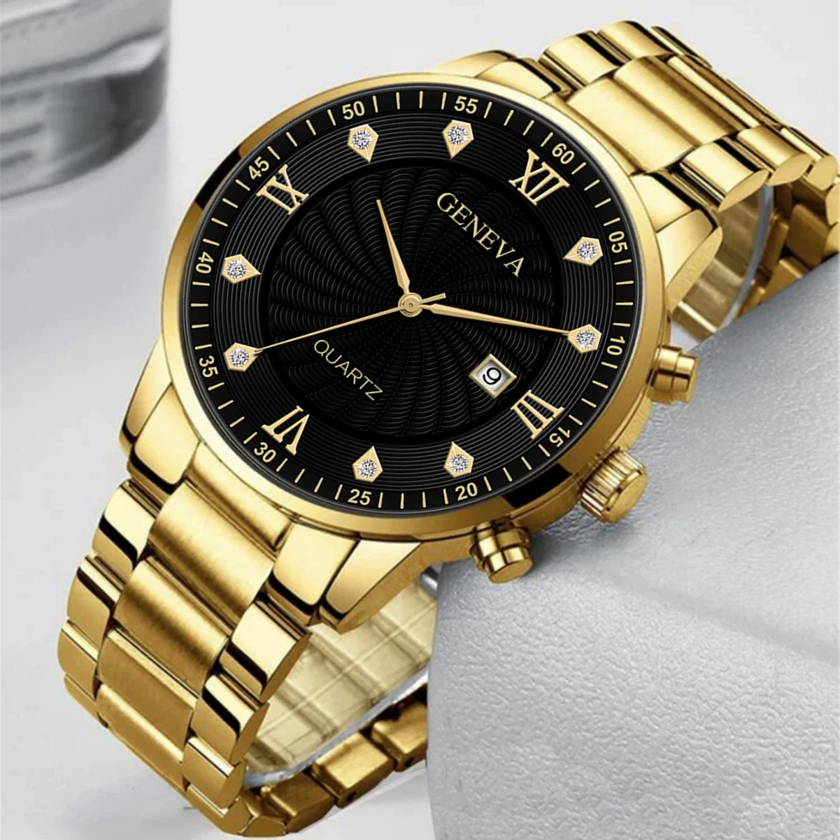 Alloy Steel Rhinestone Inlaid Men's Watch Bracelet Lion Jewelry Set With Horseshoe Buckle - Image 3