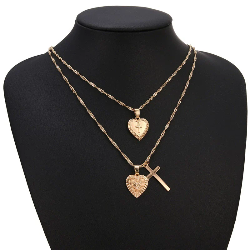 Alloy Vintage Geometric Cross And Peach Heart Pendant Necklace With Electroplating Treatment For Women