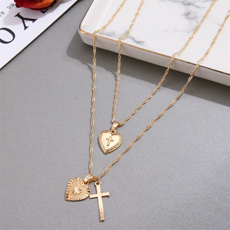 Alloy Vintage Geometric Cross And Peach Heart Pendant Necklace With Electroplating Treatment For Women - Image 2