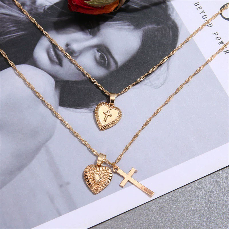 Alloy Vintage Geometric Cross And Peach Heart Pendant Necklace With Electroplating Treatment For Women - Image 3