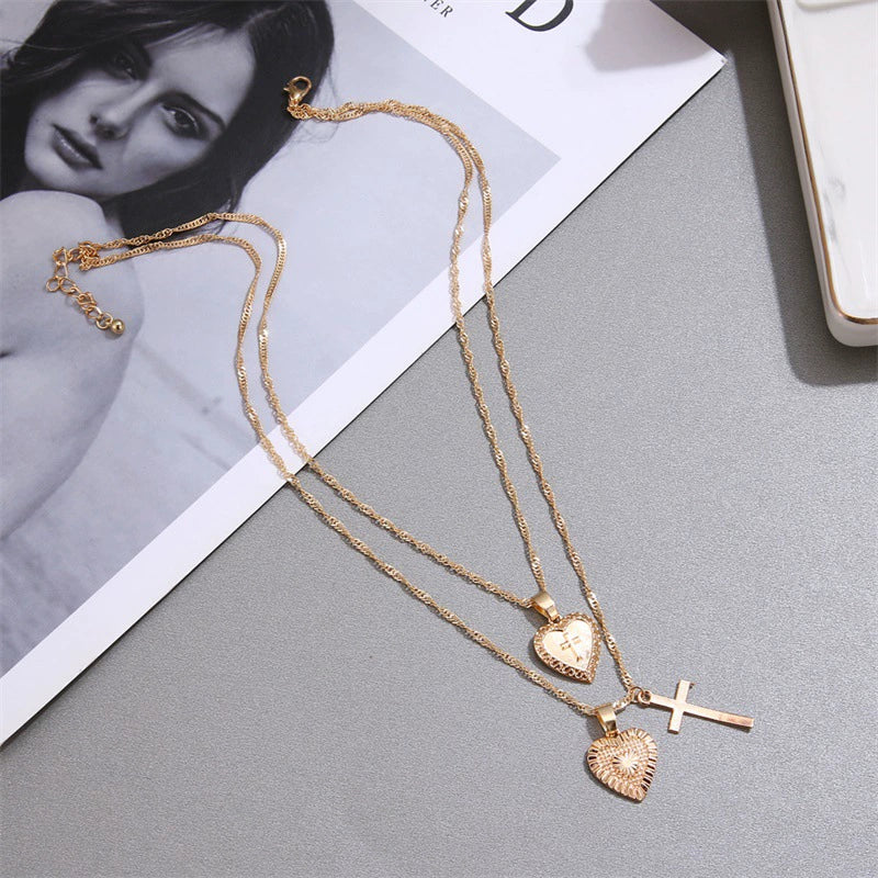 Alloy Vintage Geometric Cross And Peach Heart Pendant Necklace With Electroplating Treatment For Women - Image 4