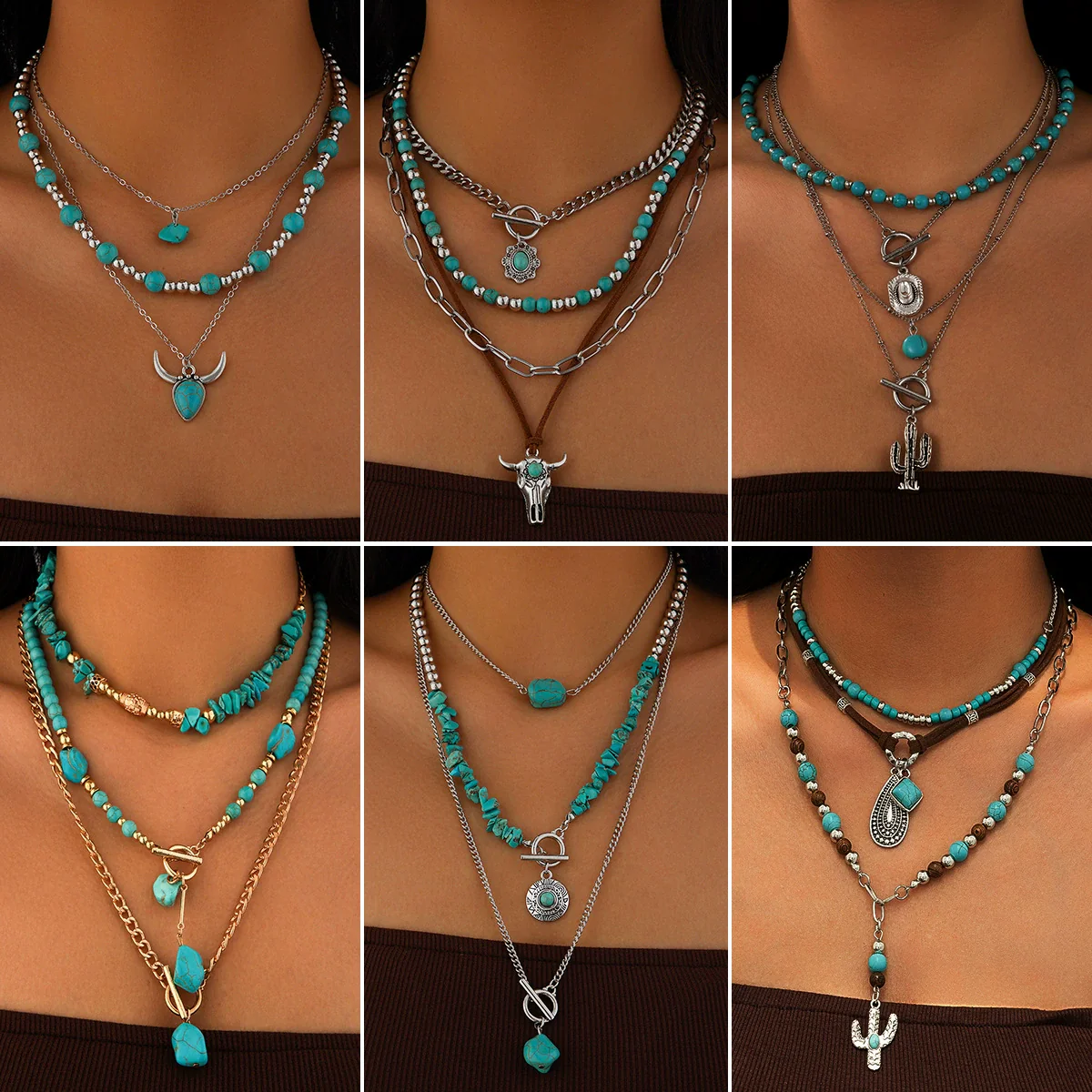Alloy Vintage Imitation Turquoise Cow Head Beaded Clavicle Necklace With Geometric And Animal Patterns Electroplated