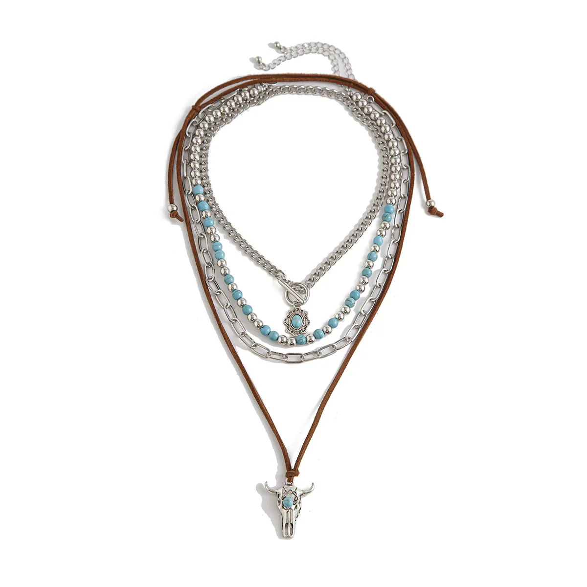 Alloy Vintage Imitation Turquoise Cow Head Beaded Clavicle Necklace With Geometric And Animal Patterns Electroplated - Image 5