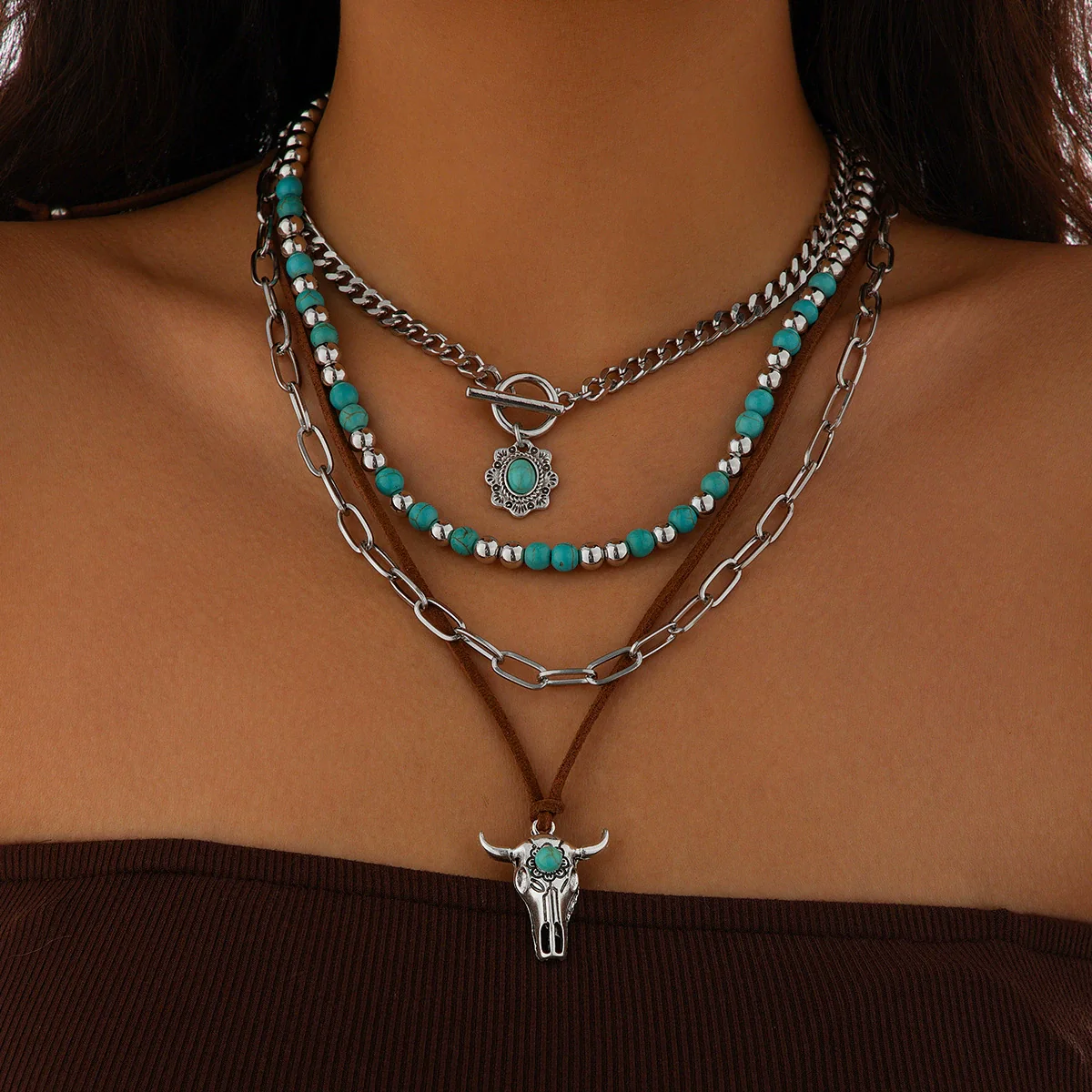Alloy Vintage Imitation Turquoise Cow Head Beaded Clavicle Necklace With Geometric And Animal Patterns Electroplated - Image 6