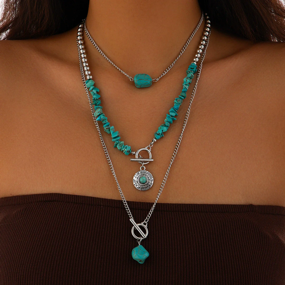 Alloy Vintage Imitation Turquoise Cow Head Beaded Clavicle Necklace With Geometric And Animal Patterns Electroplated - Image 8