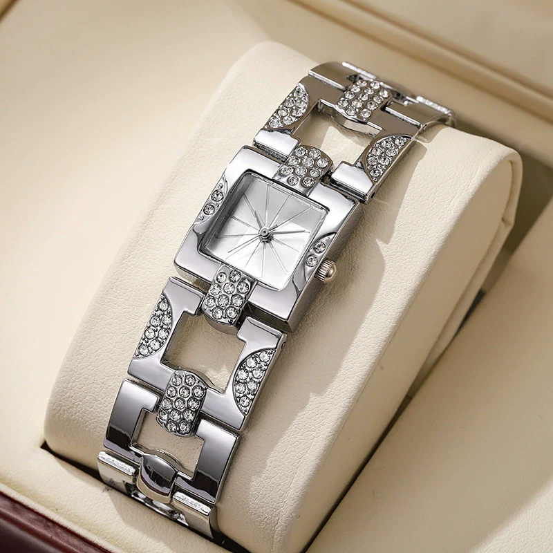 Alloy Women's Bracelet Watch Retro Style Square Strip Nailed Diamond Steel Band
