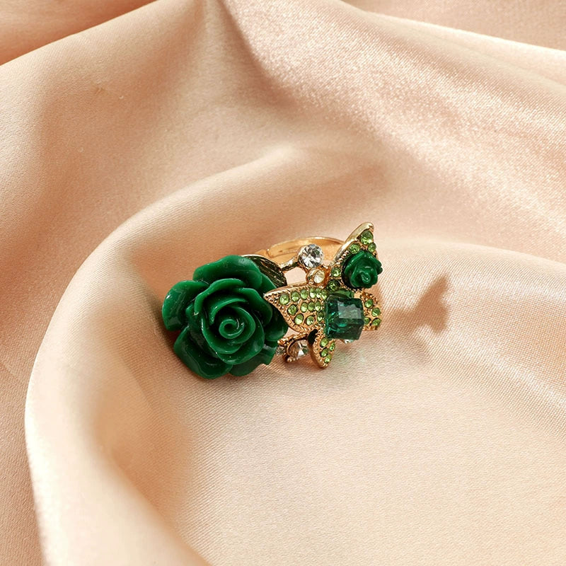 Alloy Women's Rose And Butterfly Ring With Flower Pattern And Diamond Design - Image 2
