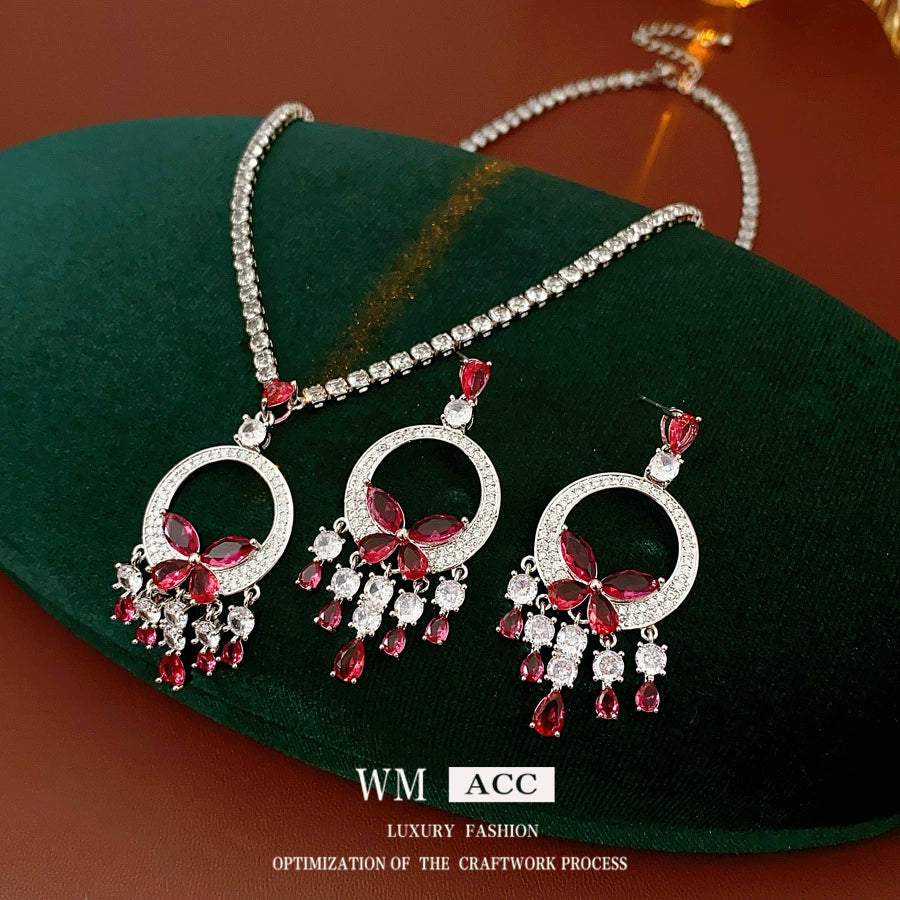 Alloy Zircon Butterfly Water Drop Earrings And Necklace Set Electroplated Highend Fashion Jewelry For Women - Image 3