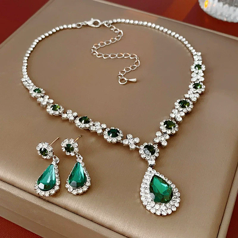 Alloy Zircon Inlaid Water Drop Earrings And Necklace Twopiece Women's Light Luxury Highend Jewelry - Image 13
