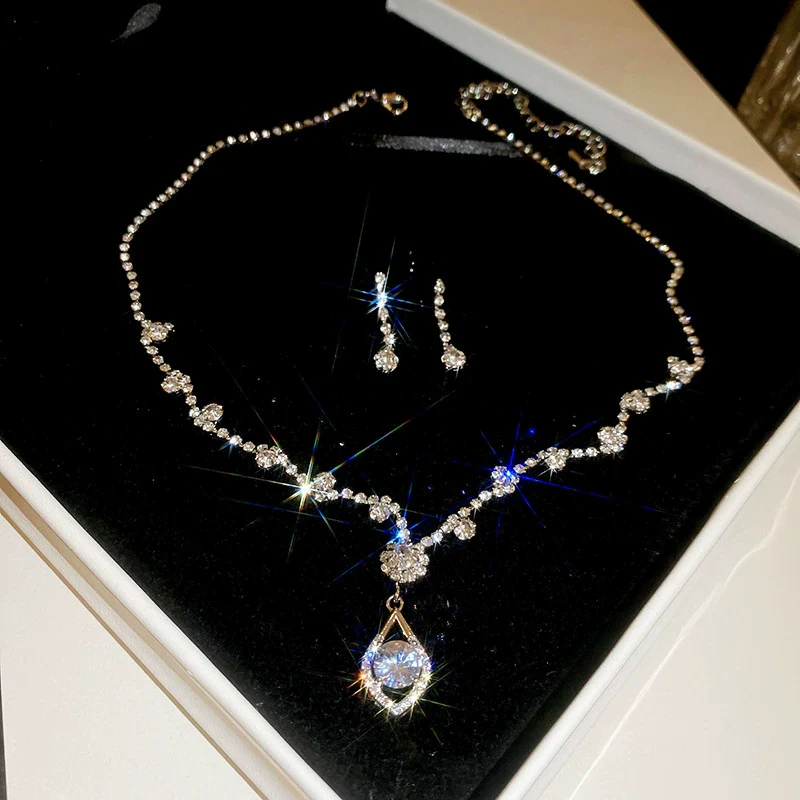 Alloy Zircon Inlaid Water Drop Earrings And Necklace Twopiece Women's Light Luxury Highend Jewelry - Image 14