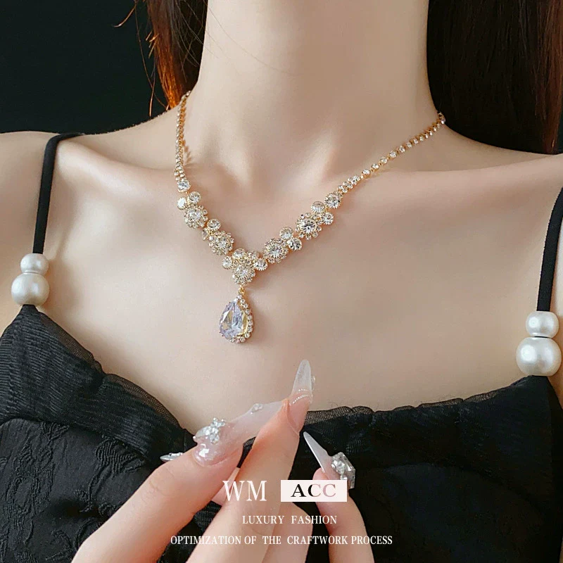 Alloy Zircon Inlaid Water Drop Earrings And Necklace Twopiece Women's Light Luxury Highend Jewelry - Image 2
