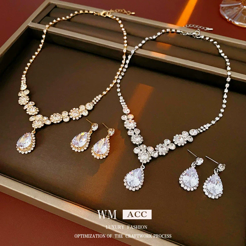 Alloy Zircon Inlaid Water Drop Earrings And Necklace Twopiece Women's Light Luxury Highend Jewelry - Image 3