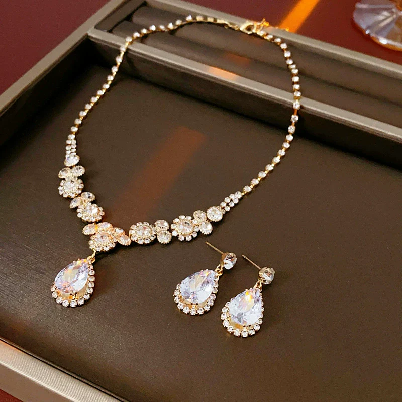 Alloy Zircon Inlaid Water Drop Earrings And Necklace Twopiece Women's Light Luxury Highend Jewelry - Image 6