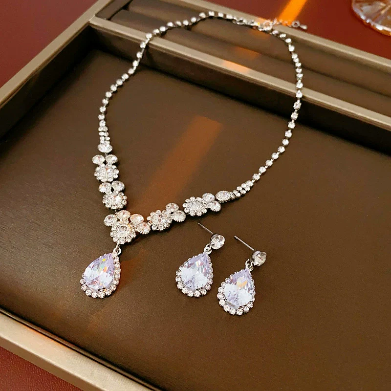 Alloy Zircon Inlaid Water Drop Earrings And Necklace Twopiece Women's Light Luxury Highend Jewelry - Image 7