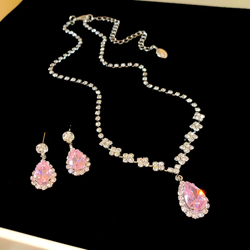 Alloy Zircon Inlaid Water Drop Earrings And Necklace Twopiece Women's Light Luxury Highend Jewelry - Image 8