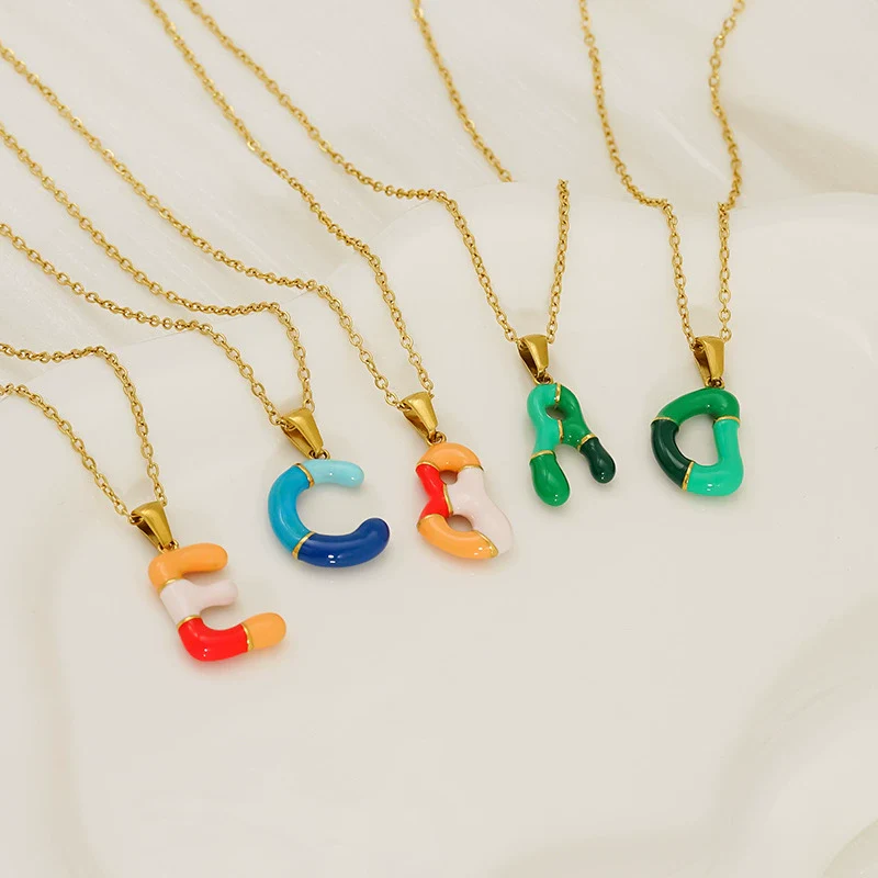 Alphabet 316L Stainless Steel Oil Drop Pendant Necklace Accessories For Women - Image 2