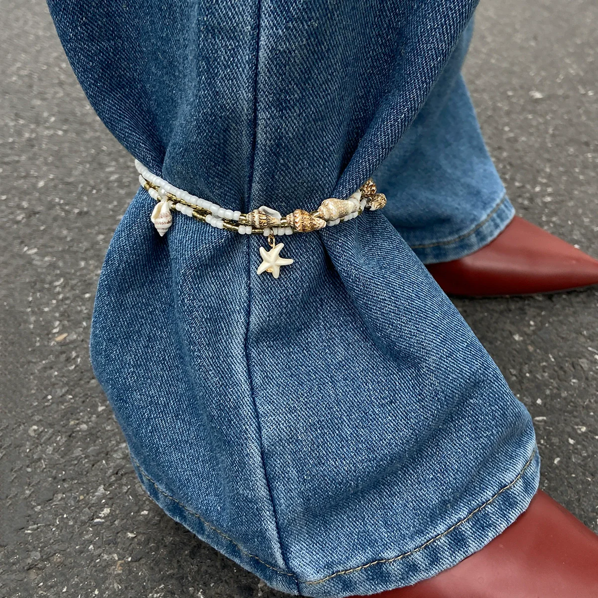 Anklet Natural Shell Starfish Imitation Pearls Animal Zodiac Elastic Rice Beads Casual Style Women's