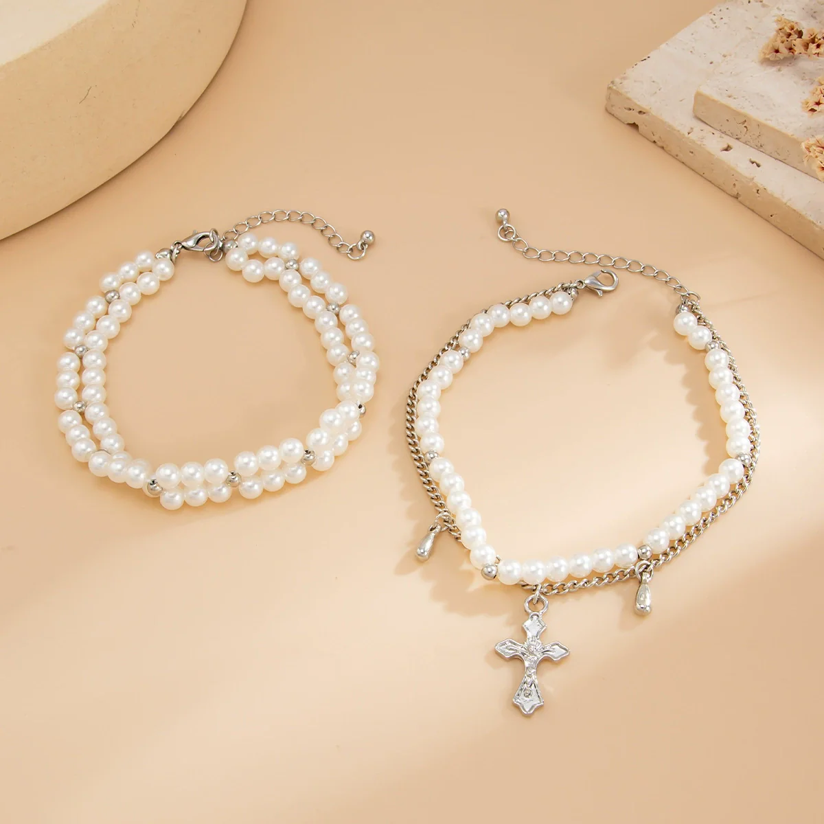 Anklet Plastic Resin Geometric Cross Pendant Tassel Imitation Pearl Beaded - Image 4