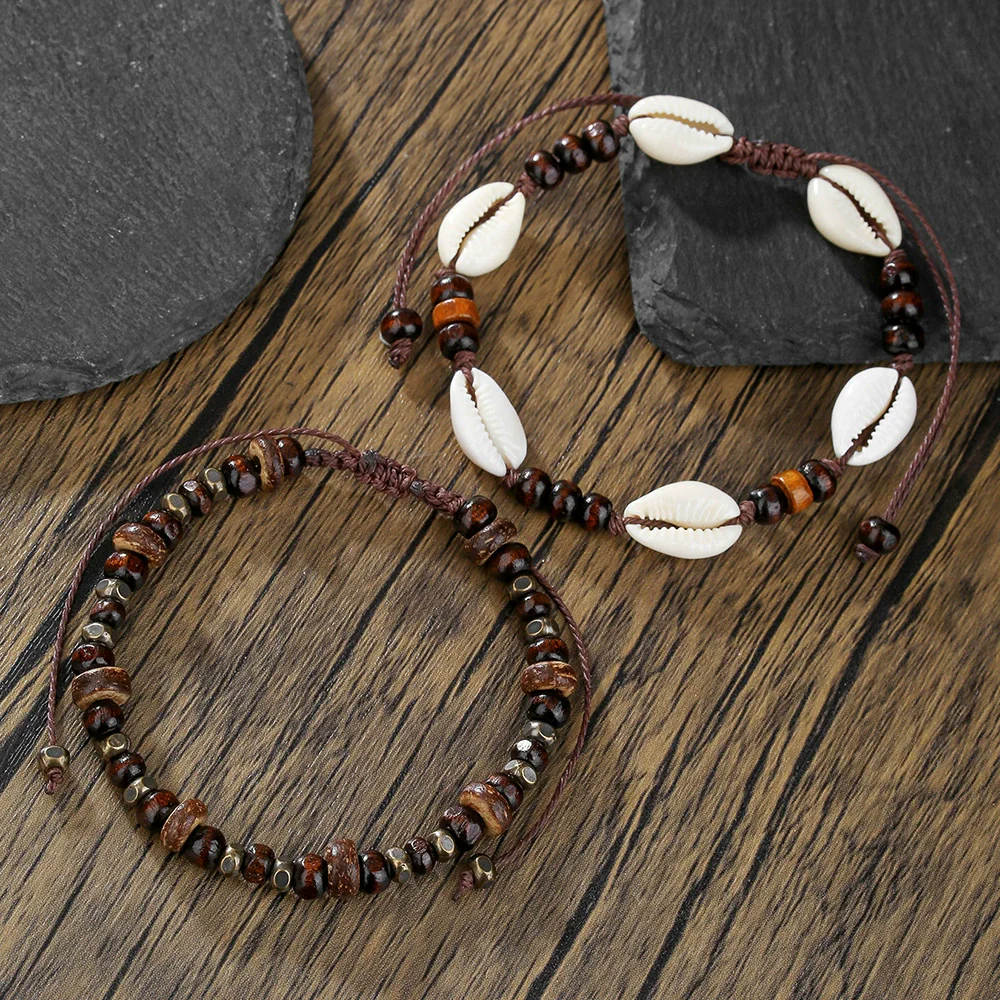 Anklet Wooden Beads Coconut Shell Shell Geometric Style Braided Adjustable For Men - Image 3