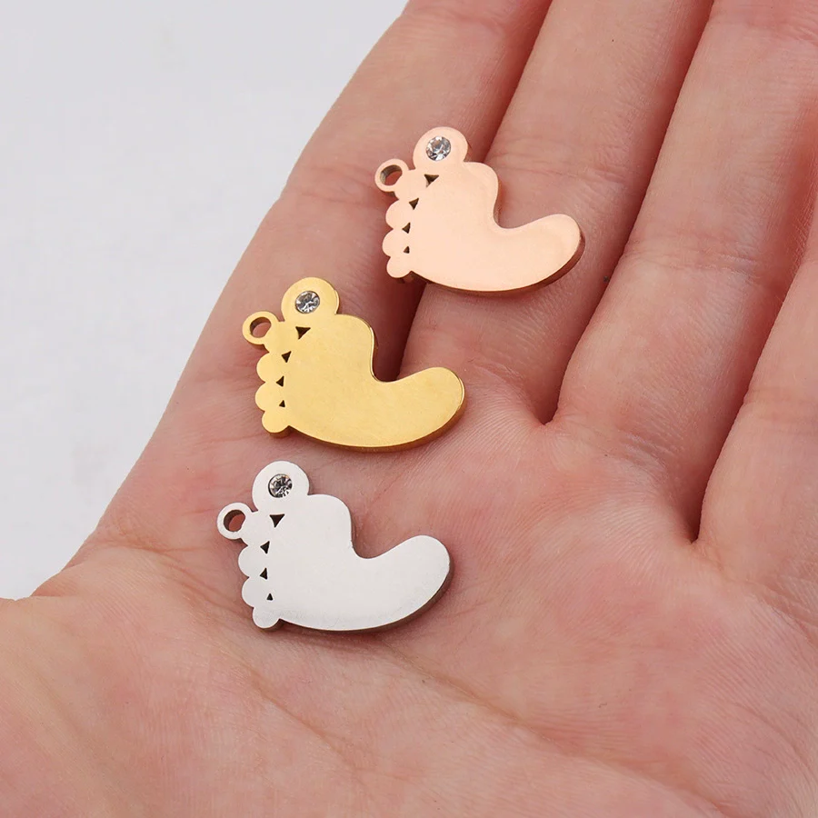 Baby Feet Pendant Stainless Steel Mirror Polished Jewelry Accessories With Rhinestone - Image 2