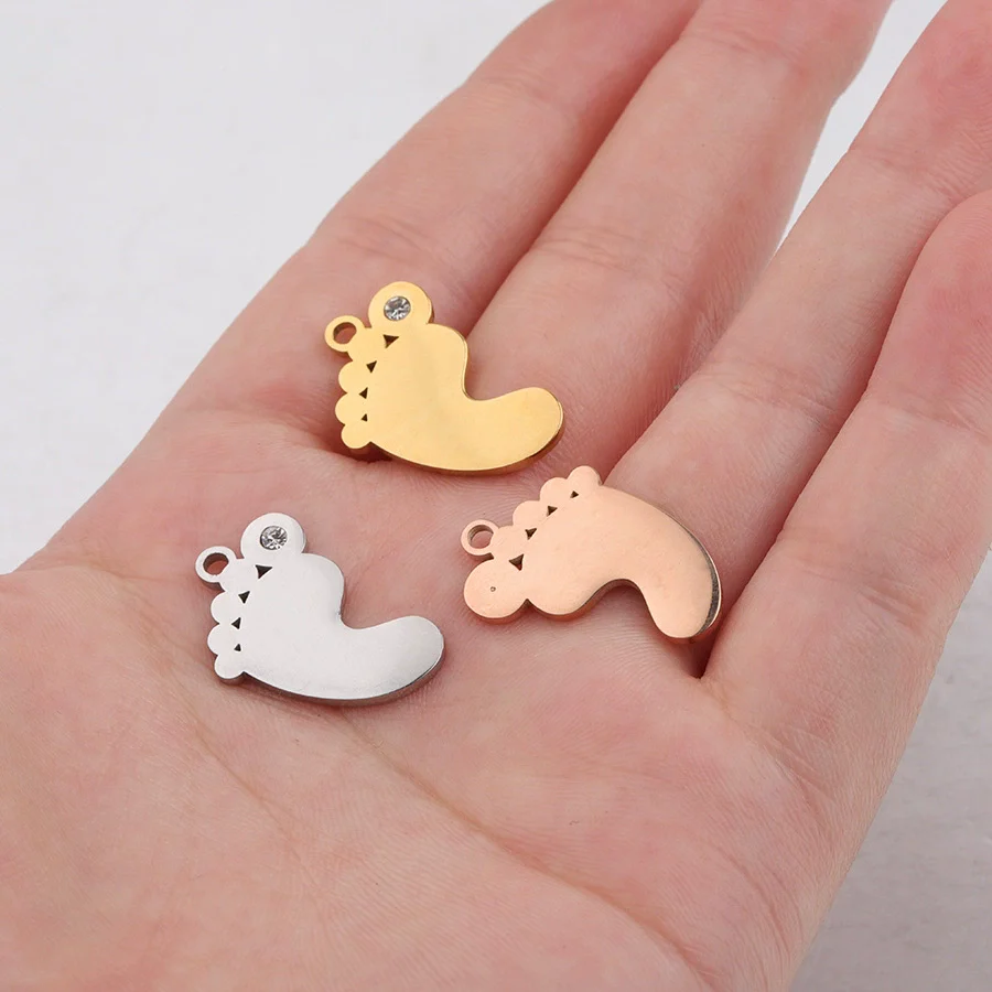 Baby Feet Pendant Stainless Steel Mirror Polished Jewelry Accessories With Rhinestone - Image 3