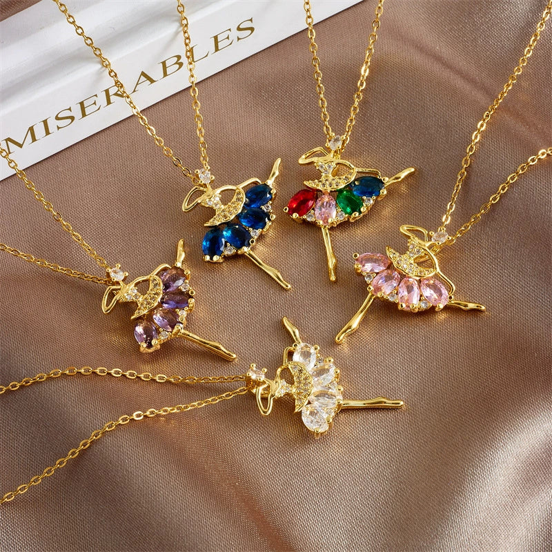 Ballet Girl Necklace Copper Titanium Steel With Cartoon Characters Mixed Gem Inlay Electroplating Ochain For Women Light Luxury Style