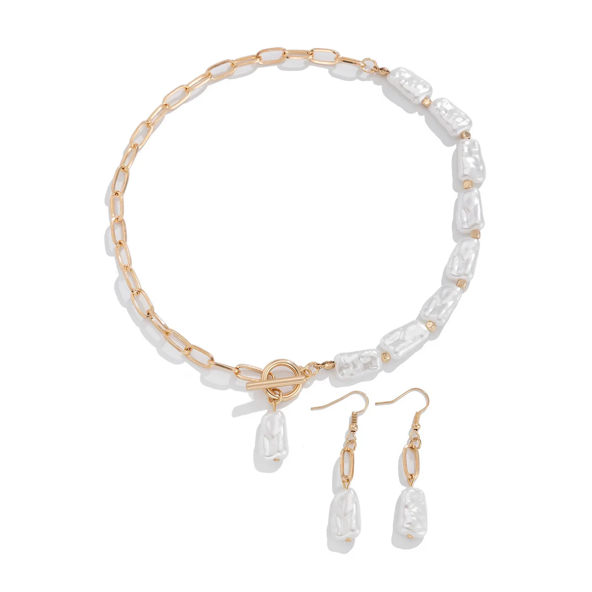 Baroque Imitation Pearl Necklace Earrings Alloy Metal Chain Electroplated Geometric Joker Style - Image 5