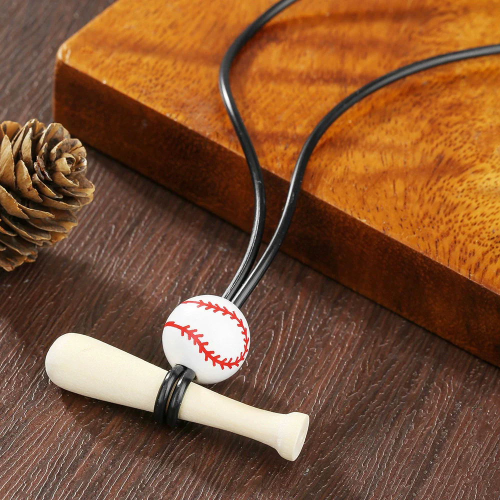 Baseball Bat Pendant Necklace Wooden Leather Stone Geometric Handmade Unisex - Image 2