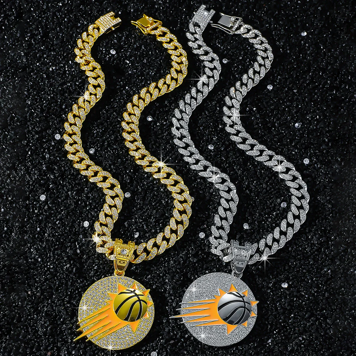 Basketball Logo Pendant Necklace Hiphop Style Alloy Cuban Chain Electroplated - Image 2