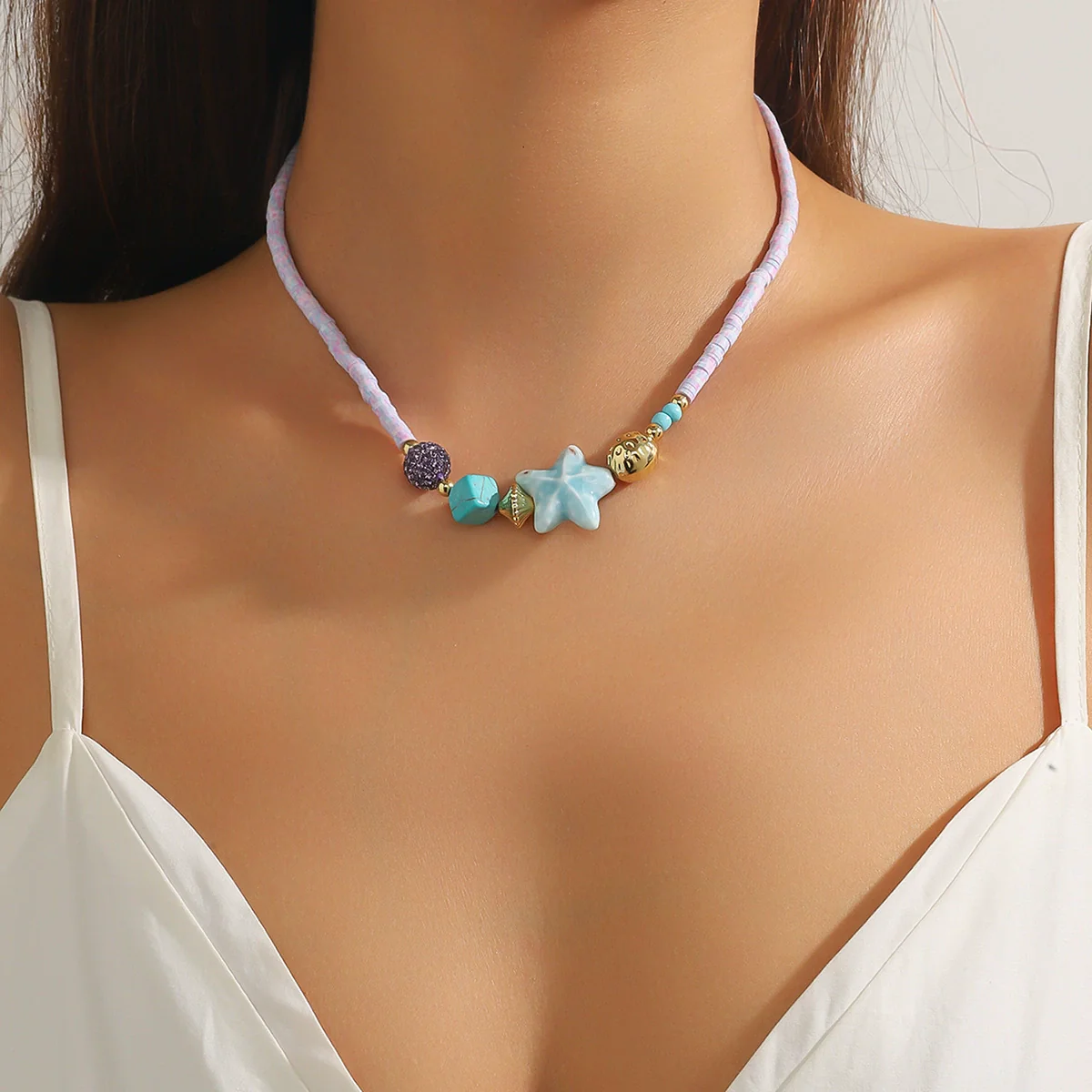 Beaded Bohemian Women's Necklace With Artificial Crystal Ceramic Pendant Electroplated Ball Chain Constellation Heart Flower Drop Shape Geometric Design - Image 2