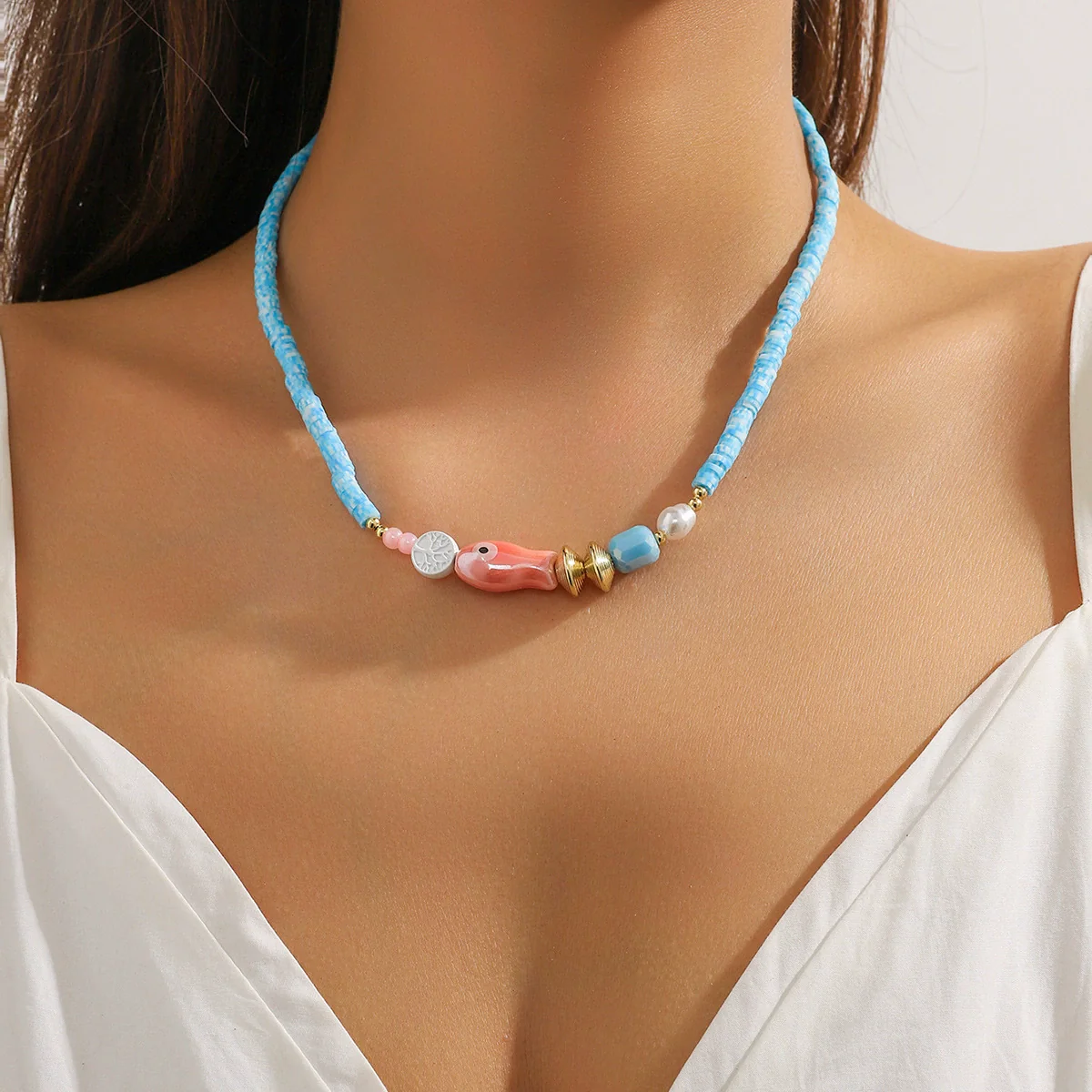 Beaded Bohemian Women's Necklace With Artificial Crystal Ceramic Pendant Electroplated Ball Chain Constellation Heart Flower Drop Shape Geometric Design - Image 3