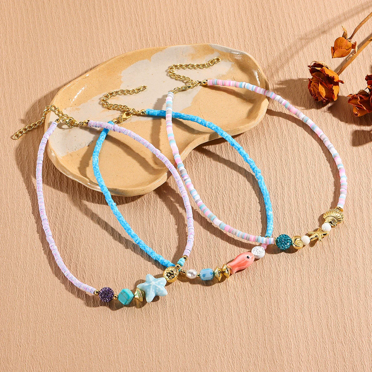 Beaded Bohemian Women's Necklace With Artificial Crystal Ceramic Pendant Electroplated Ball Chain Constellation Heart Flower Drop Shape Geometric Design - Image 4