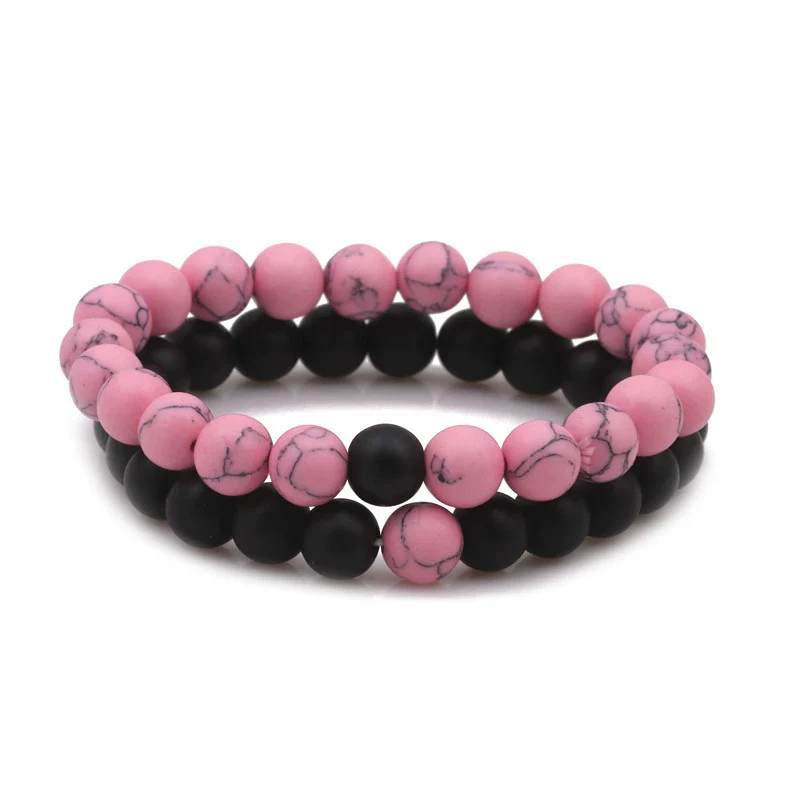 Beaded Couple Bracelet Rhodolite Pink Turquoise Handmade Flower Pattern - Image 5
