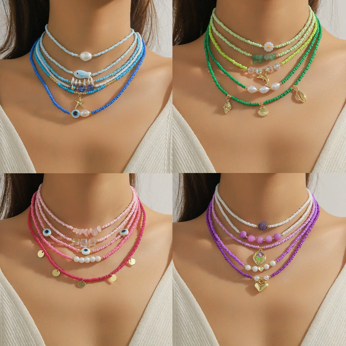 Beaded Necklace Clavicle Chain Imitation Pearl Alloy Heart Flowers Geometric Design Diamond Style For Women - Image 2