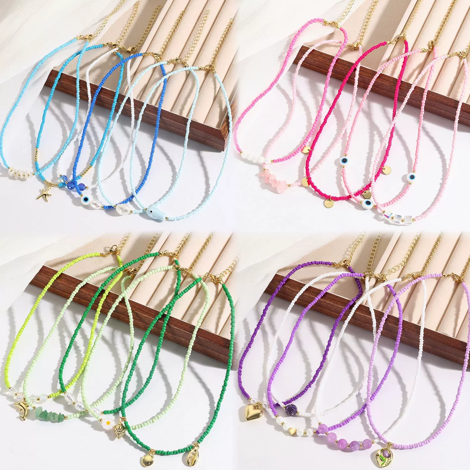 Beaded Necklace Clavicle Chain Imitation Pearl Alloy Heart Flowers Geometric Design Diamond Style For Women - Image 3