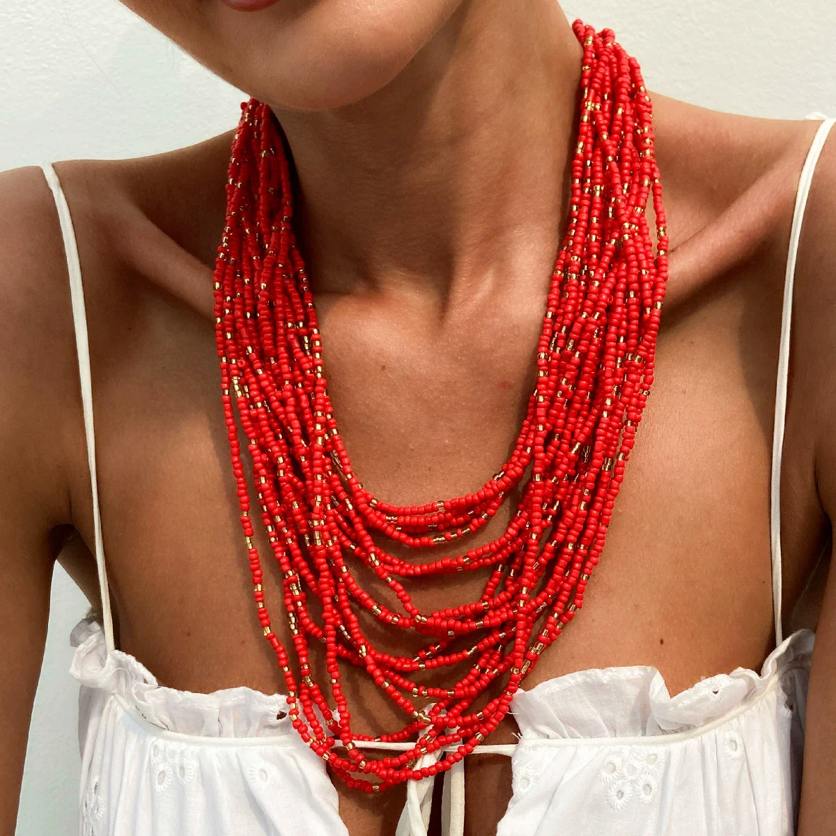 Beaded Necklace Rice Beads Geometric Handmade Exaggerated Stylish Multilayer Women's