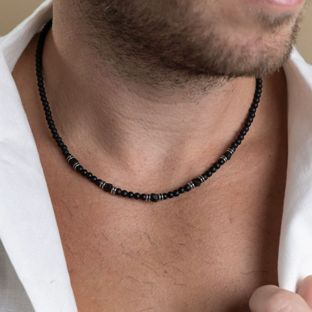 Beaded Necklace Stainless Steel Black Frosted Faceted Black Agate Hiphop Punk Handmade Unisex