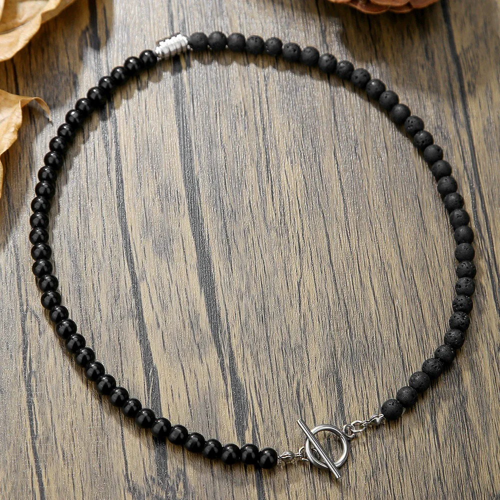 Beaded Necklace Stainless Steel Black Frosted Faceted Black Agate Hiphop Punk Handmade Unisex - Image 12