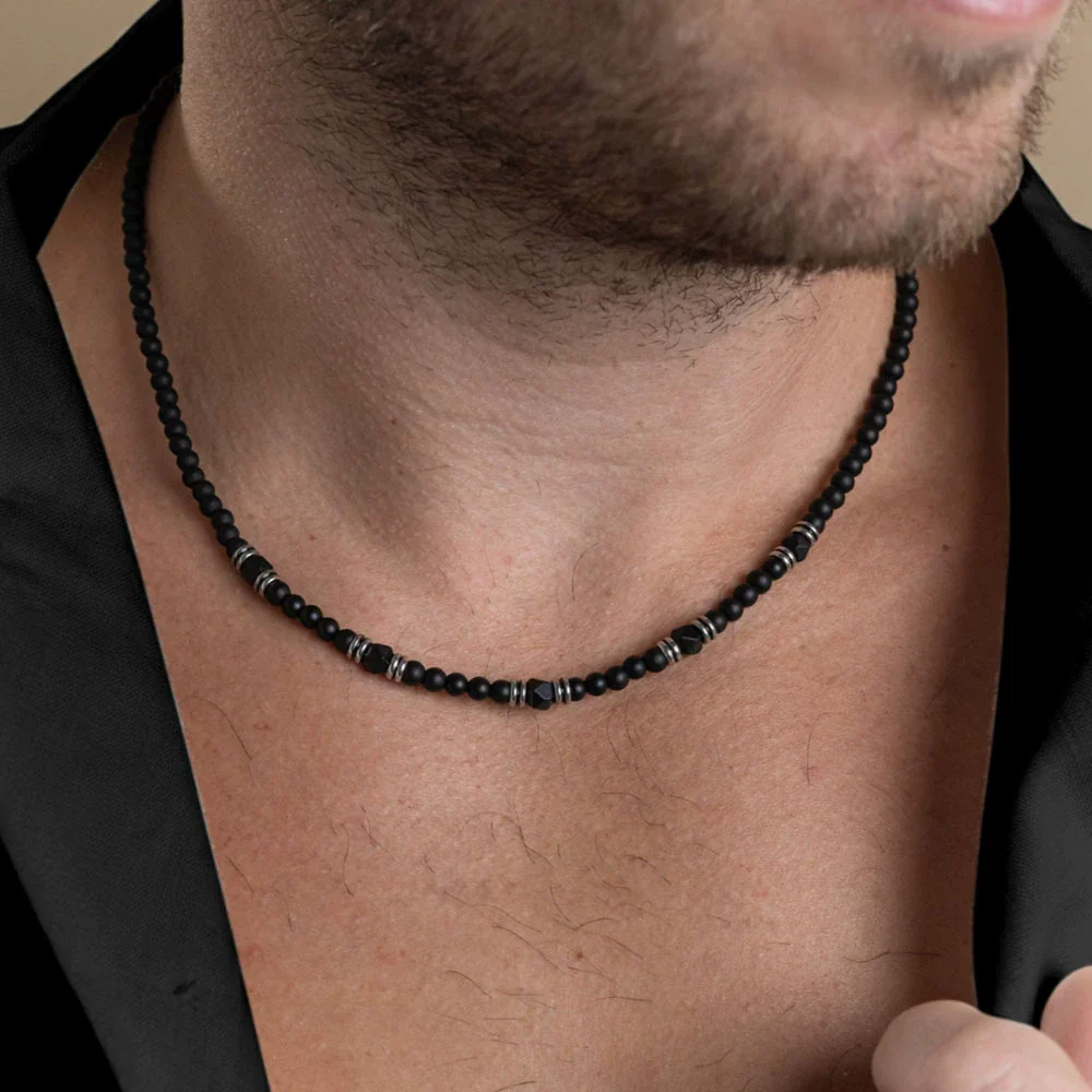 Beaded Necklace Stainless Steel Black Frosted Faceted Black Agate Hiphop Punk Handmade Unisex - Image 2