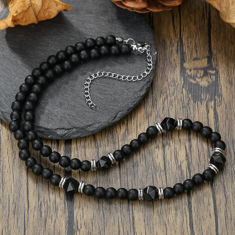 Beaded Necklace Stainless Steel Black Frosted Faceted Black Agate Hiphop Punk Handmade Unisex - Image 4