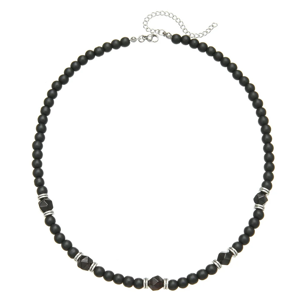Beaded Necklace Stainless Steel Black Frosted Faceted Black Agate Hiphop Punk Handmade Unisex - Image 5