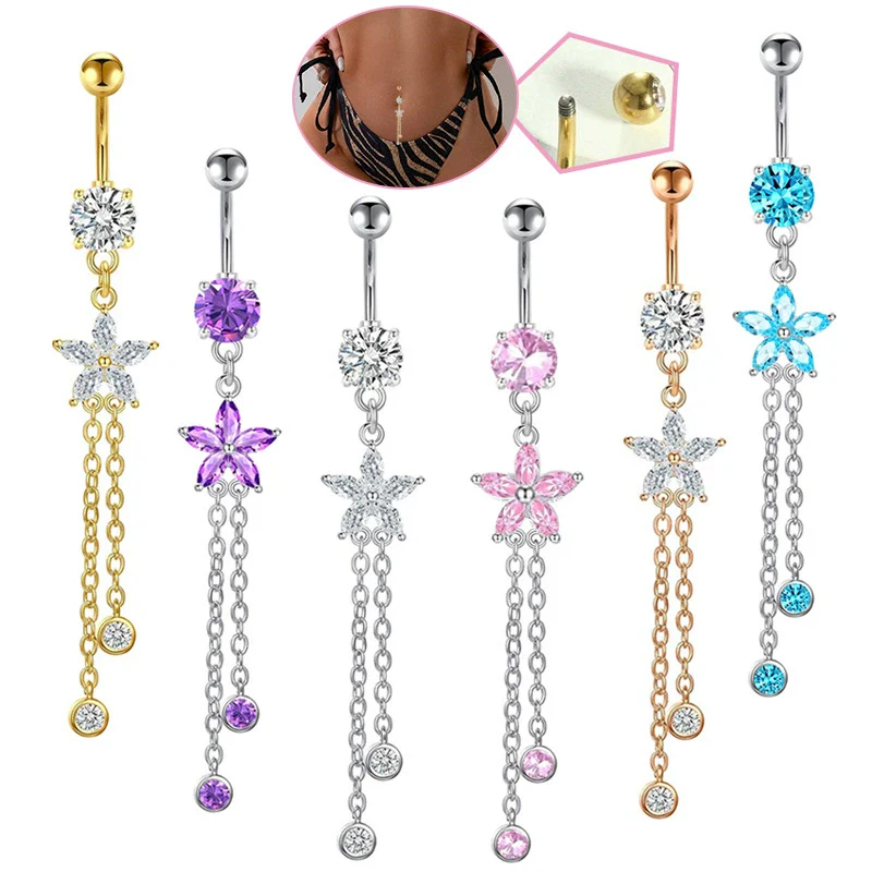 Belly Button Ring Stainless Steel Star Inlaid Zircon Electroplating Body Jewelry