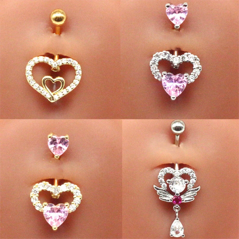 Body Piercing Jewelry Stainless Steel Heartshaped Navel Ring With Water Drop Pendant Electroplated - Image 3