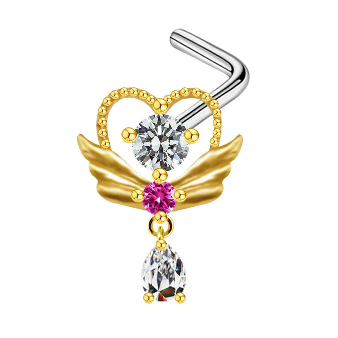 Body Piercing Jewelry Stainless Steel Heartshaped Navel Ring With Water Drop Pendant Electroplated - Image 4