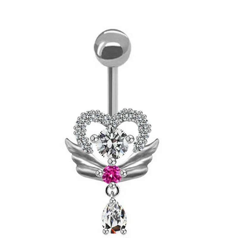 Body Piercing Jewelry Stainless Steel Heartshaped Navel Ring With Water Drop Pendant Electroplated - Image 7