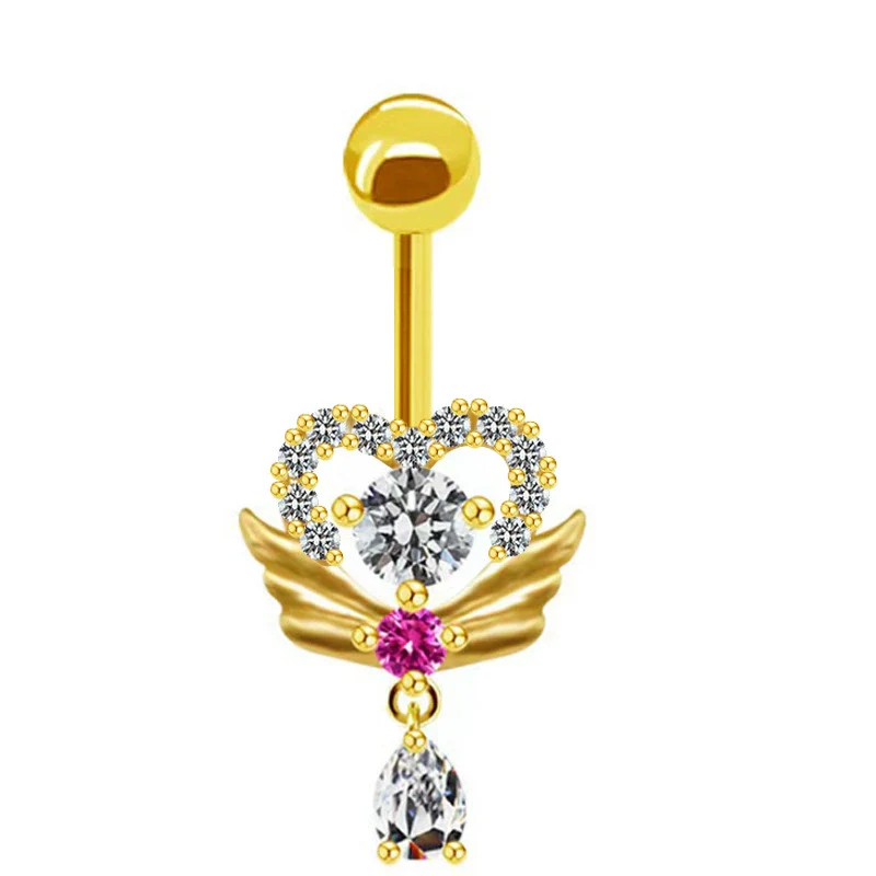 Body Piercing Jewelry Stainless Steel Heartshaped Navel Ring With Water Drop Pendant Electroplated - Image 8