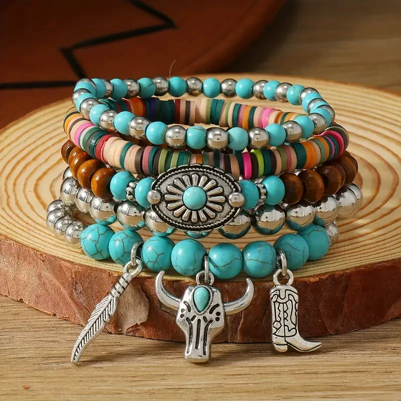 Bohemian Plastic Resin Geometric High Heels Multilayer Wooden Beads Handstring With Electroplating