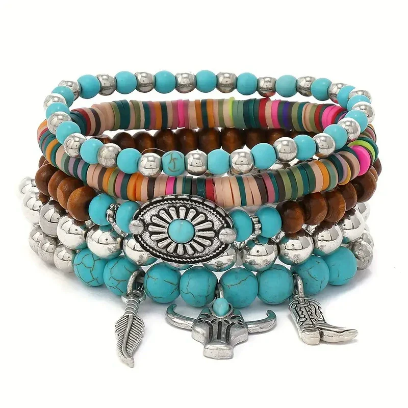 Bohemian Plastic Resin Geometric High Heels Multilayer Wooden Beads Handstring With Electroplating - Image 5